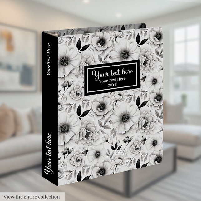 Classeur à anneaux noir et blanc tendance avec fle (Trendy black and white ring binder with flowers)