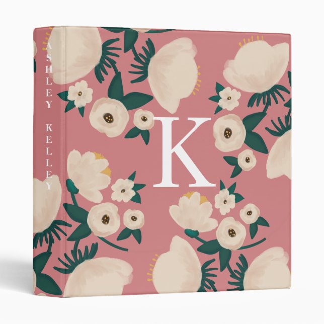 Classeur à fleurs monogramme - Crème blanche rose  (Devant/Côté)