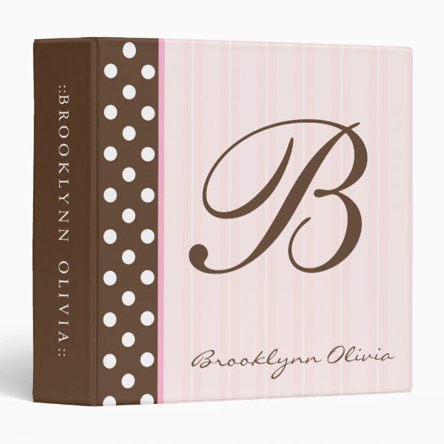 Classeur À petits pois Brown initial/rayures roses (Devant/Côté)