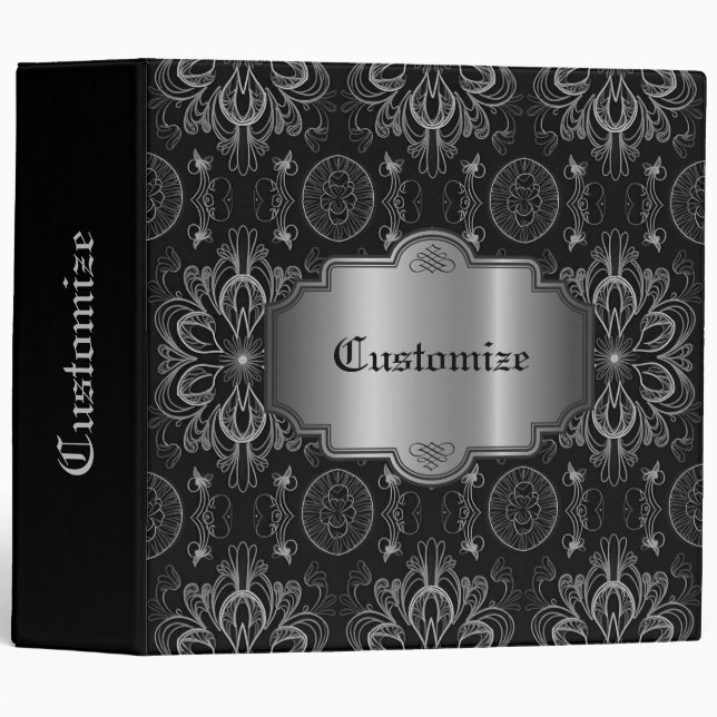 Classeur Abstrait Floral Personnalisé Noir Et Argent (Devant/Côté)