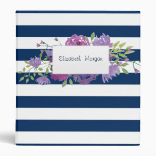 Classeur Adorable rayures bleues marine, Fleurs-Personnalis
