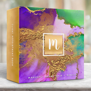 Classeur Agate aquarelle or violet vert salon monogramme