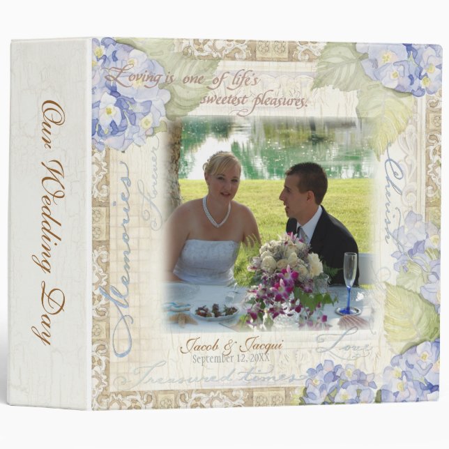 Classeur Aimez et aimez le mariage floral d'hortensia bleu (Devant/Côté)
