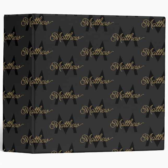 Classeur Ajouter un nom et un monogramme Black & Gold Chic  (Devant/Côté)