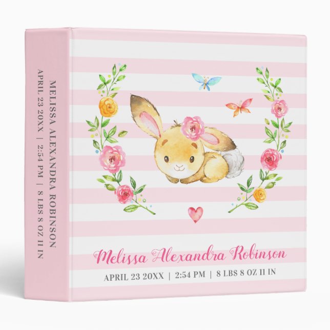 Classeur Album cadeau de bébé lapin nouveau-né personnalisé (Devant/Côté)
