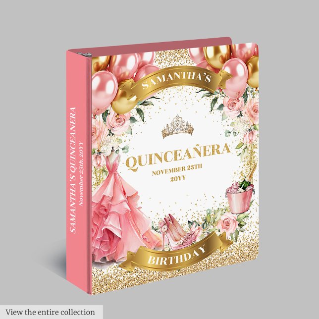 Classeur Album de bague en mémoire Blush Gold Quinceañera (Stunning Blush Gold Quinceañera Memory Ring Album 3 ring binder)