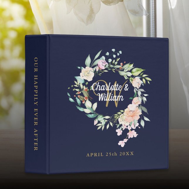 Classeur Album de mariage bleu marine au monogramme doré fl (Floral Gold Monogram Navy Blue Wedding Album 3 Ring Binder)