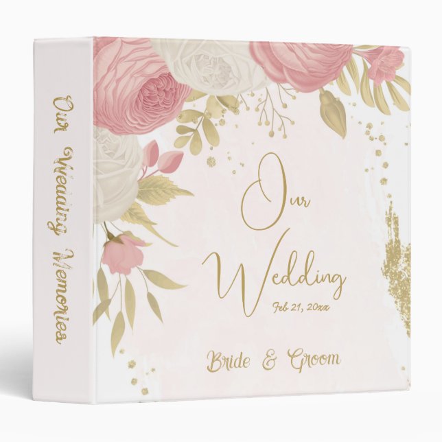 Classeur album de mariage botanique en or rose et blanc (Devant/Côté)