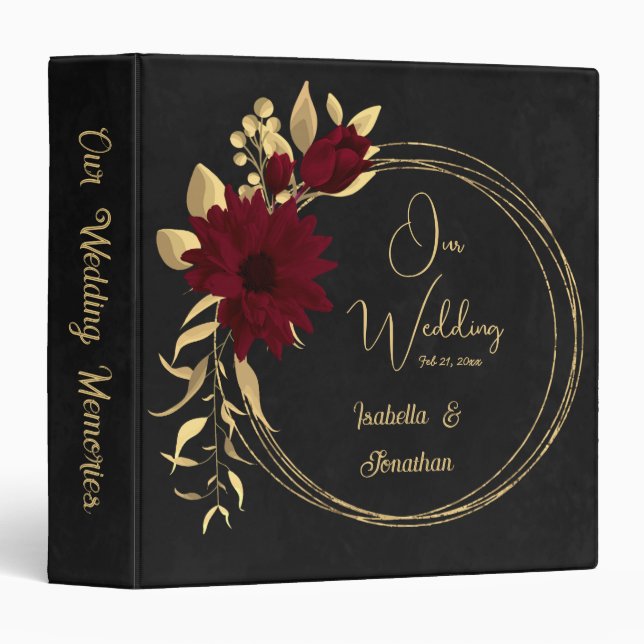 Classeur Album de mariage chic bordeaux et or noir (Devant/Côté)