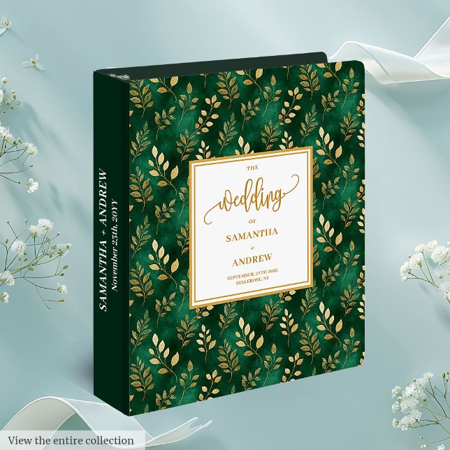 Classeur Album de mariage Delicate Deep Green Gold Foliage (Delicate Deep Green Gold Foliage Wedding Album 3 ring binder)