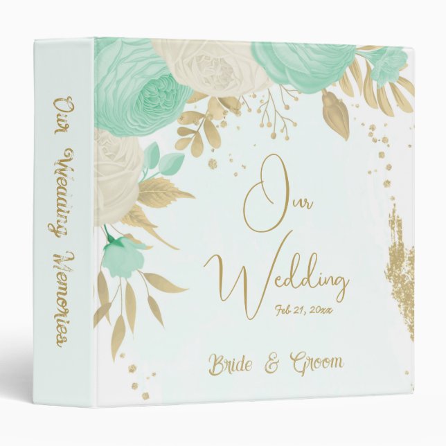 Classeur album de mariage fleuri or vert menthe et fleurs b (Devant/Côté)