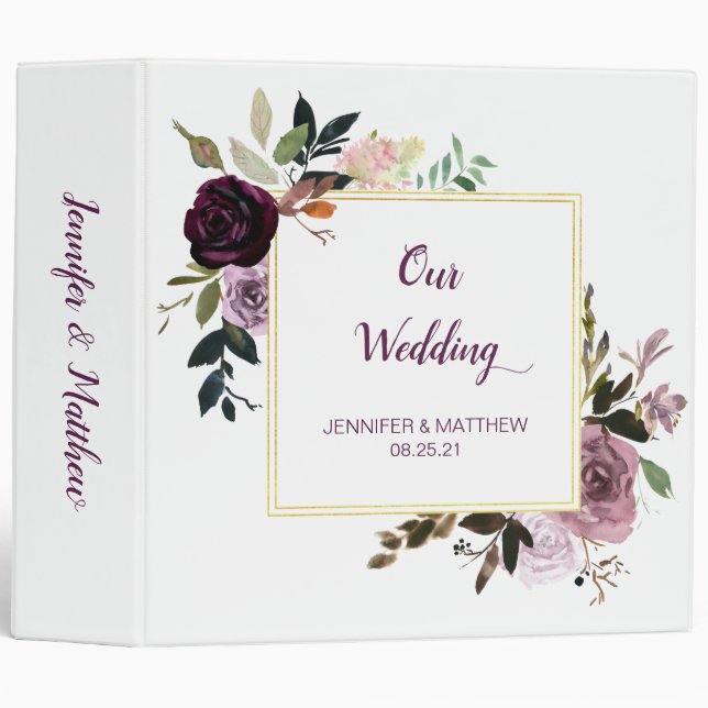 Classeur Album de mariage floral en or rose violet (Devant/Côté)