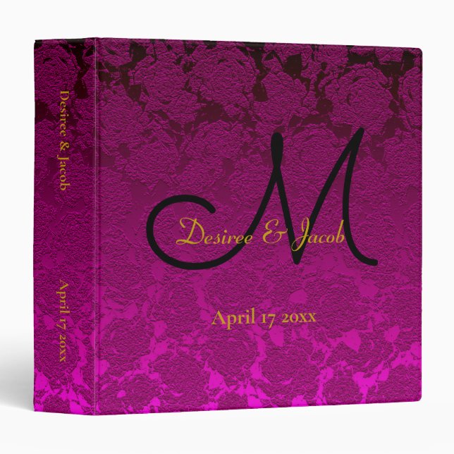 Classeur Album de mariage Fuchsia Pink Gold Black Monogram (Devant/Côté)
