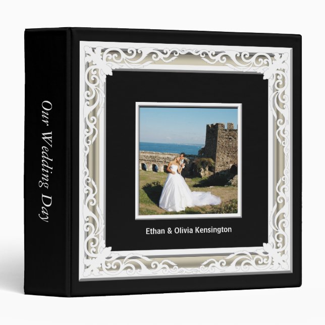 Classeur Album de mariage noir, blanc et or (Devant/Côté)
