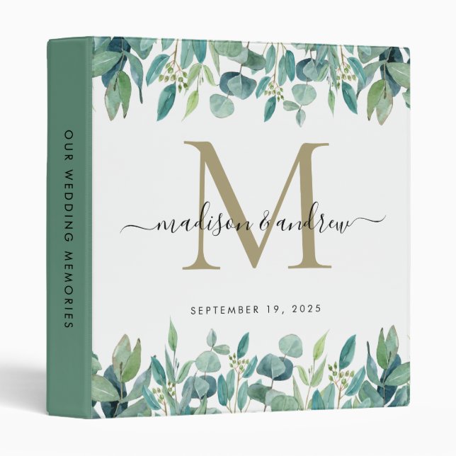 Classeur Album de mariage or Eucalyptus Monogram verdure (Devant/Côté)