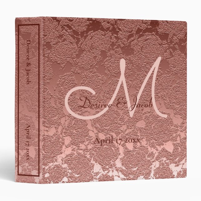Classeur Album de mariage Rose or élégant Monogramme Floral (Devant/Côté)