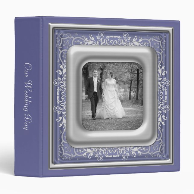 Classeur Album de mariage violet, blanc et argent (Devant/Côté)