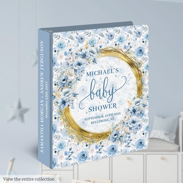 Classeur Album de mémoire Bébé en or bleu blanc (Whimsical Dusty Blue Gold Baby Memory Album 3 ring binder)