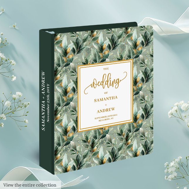 Classeur Album De Mémoire Mariage Chic Vert Foncé Et Or (Chic Dark Green And Gold Wedding Memory Album 3 ring binder)