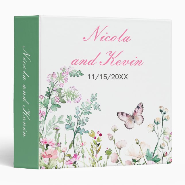 Classeur Album de photos de mariage floral papillon vert pr (Devant/Côté)
