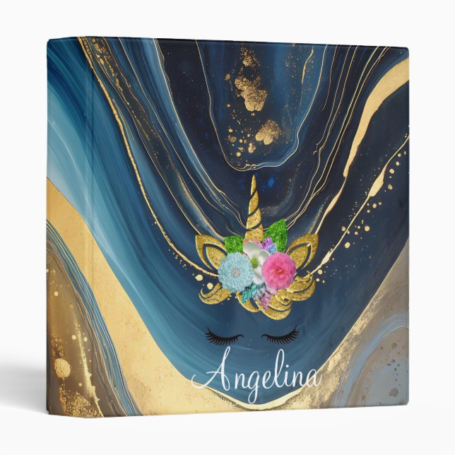 Classeur Album Marbre Pailleté Licorne Personnalisé (Devant/Côté)