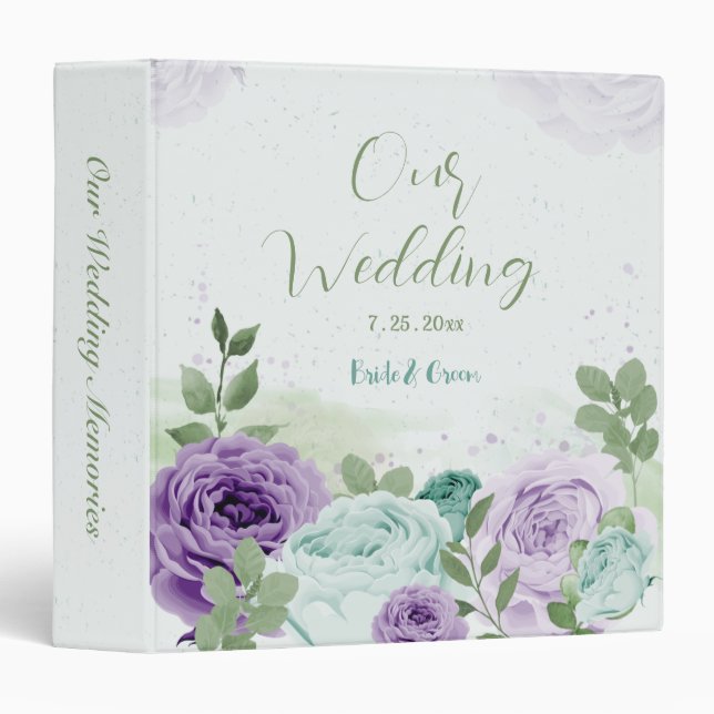 Classeur album mariage bleu violet fleurs verdure (Devant/Côté)