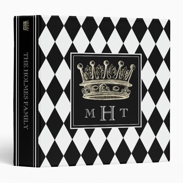 Classeur Album noir et blanc à monogramme de couronne de (Devant/Côté)