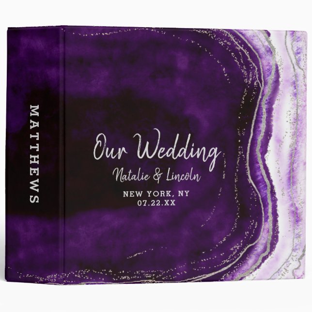 Classeur Album photo Amethyst Purple & Silver Geode Mariage (Devant/Côté)