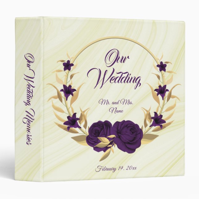 Classeur album photo chic royal violet floral or wreath (Devant/Côté)