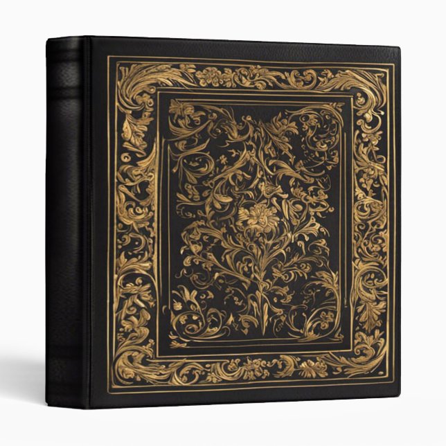 Classeur Album photo en or orné et en cuir noir (Devant/Côté)