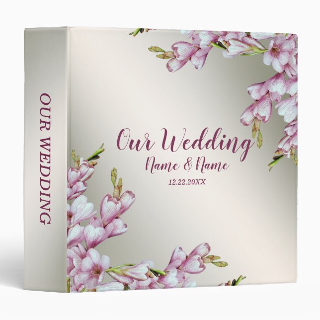 Classeur Album photo Fête de mariage rose Fleurs blanches (Devant/Côté)