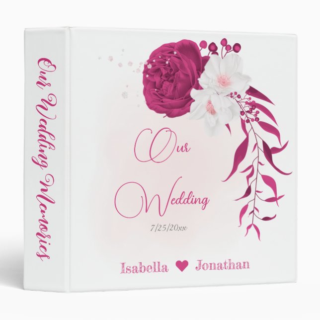 Classeur album photo floral mariage fuchsia & blanc (Devant/Côté)