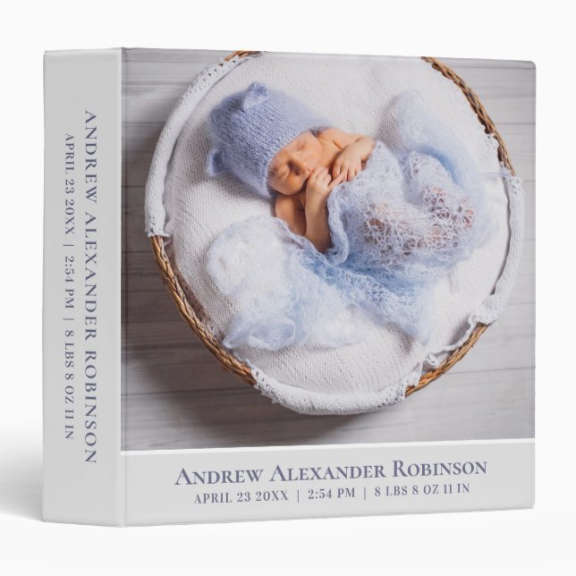 Classeur Album photo gris neutre pour bébé garçon (Devant/Côté)