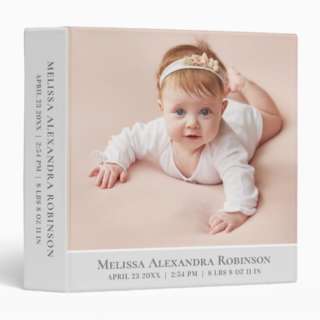 Classeur Album photo gris neutre pour bébé garçon fille (Devant/Côté)
