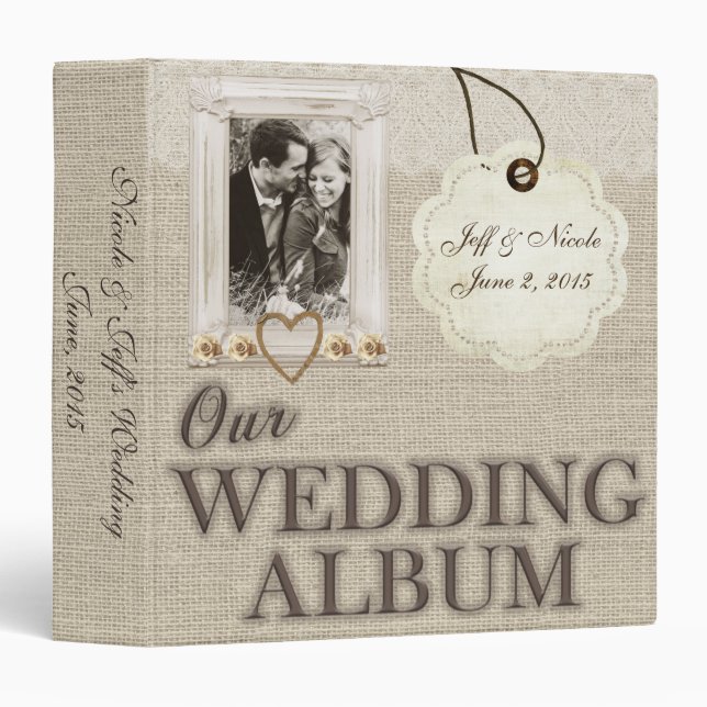 Classeur Album photo Mariage Burlap Country Couple (Devant/Côté)