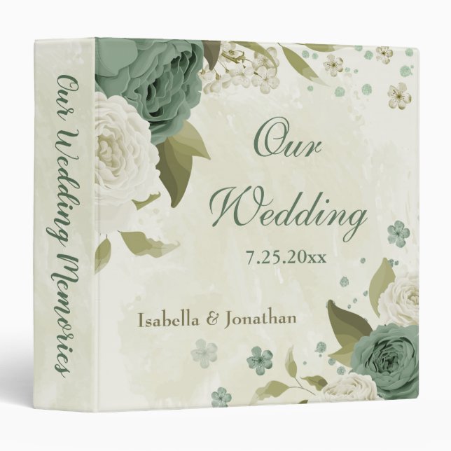 Classeur album photo mariage fleurs blanches vert sauge (Devant/Côté)
