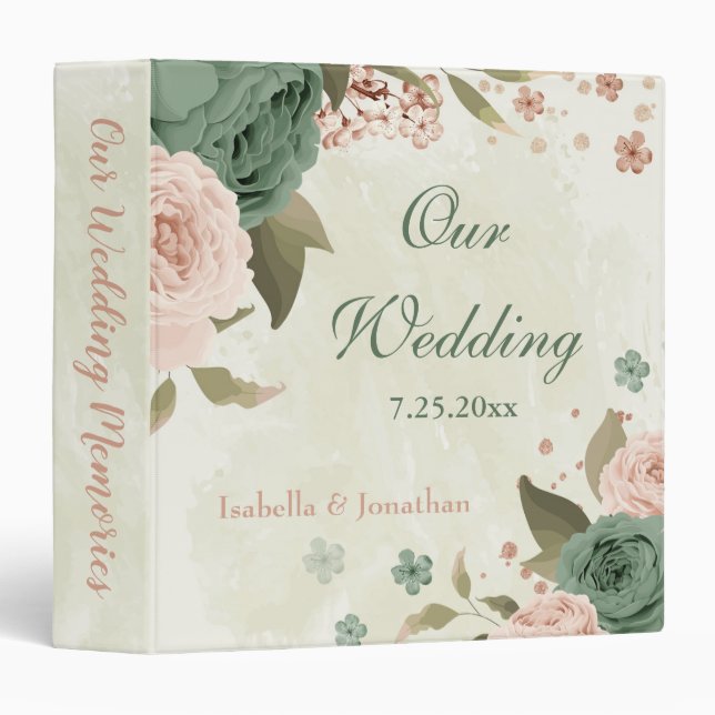 Classeur album photo mariage fleurs vert sauge (Devant/Côté)