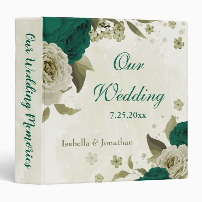 Classeur album photo mariage vert émeraude fleurs beige (Devant/Côté)