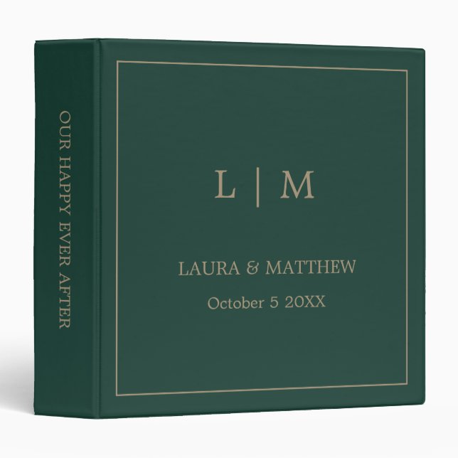 Classeur Album photo simple Emerald Green Monogram Mariage (Devant/Côté)