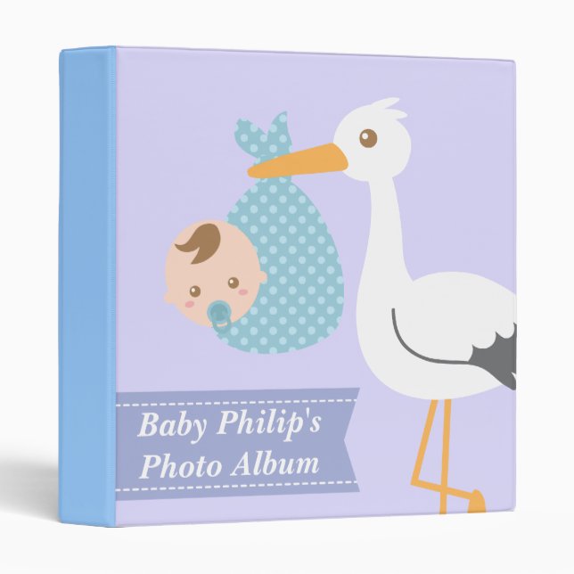 Classeur Album photos de bébé - la cigogne livre le bébé (Devant/Côté)