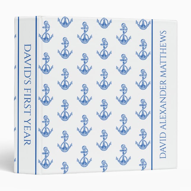 Classeur Ancres bleu et blanc Nautique Mémoire de première  (Devant/Côté)