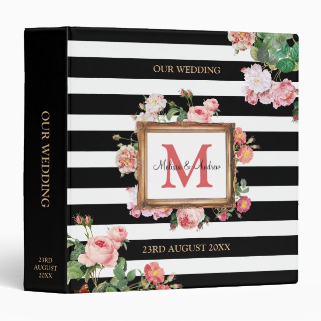 Classeur Antique Vintage Floral & Stripes Mariage Photo (Devant/Côté)