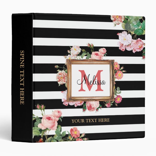 Classeur Antique Vintage Floral & Stripes Monogramme (Devant/Côté)