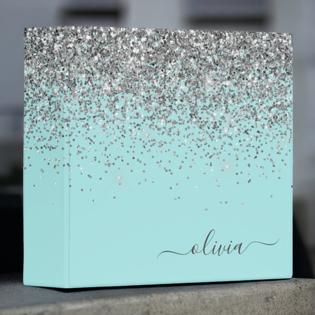 Classeur Aqua Blue Teal Argent Paillettes Monogramme (Créateur téléchargé)