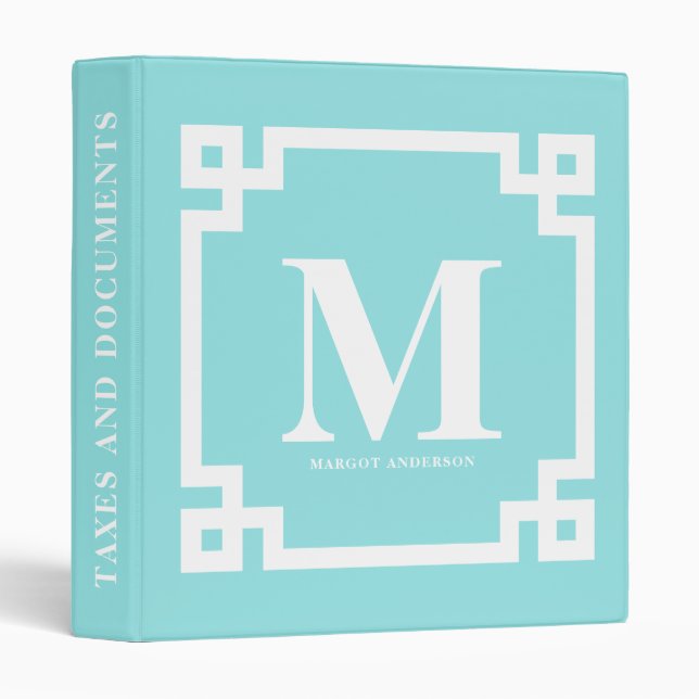 Classeur Aqua Moderne Grèce Key Bordure Monogramme (Devant/Côté)