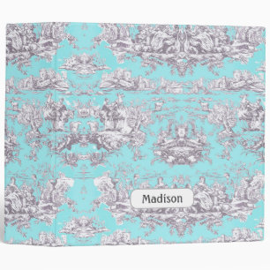 Classeur Aqua vintage fleuri bleu toile de jouy monogramme