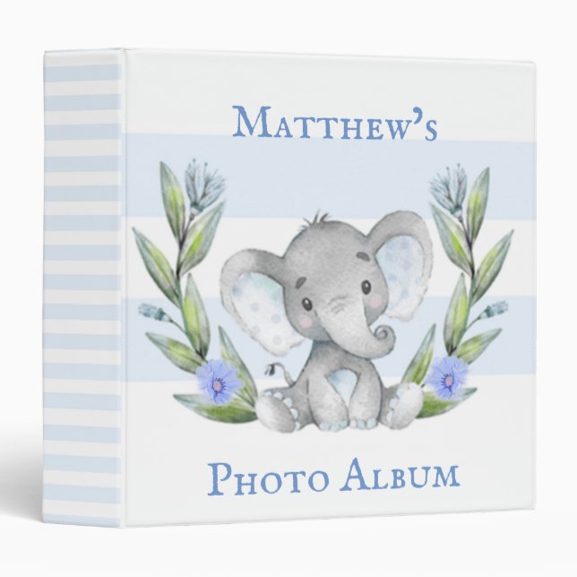 Classeur Aquarelle Adorable Elephant Vert Boy Monogramme (Devant/Côté)