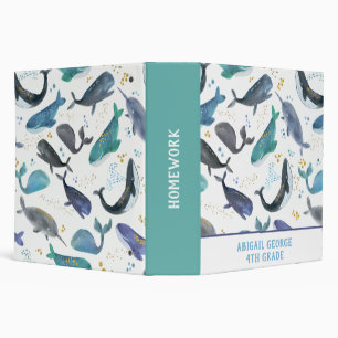 Classeur Aquarelle Baleines Océan Poisson Or Bleu