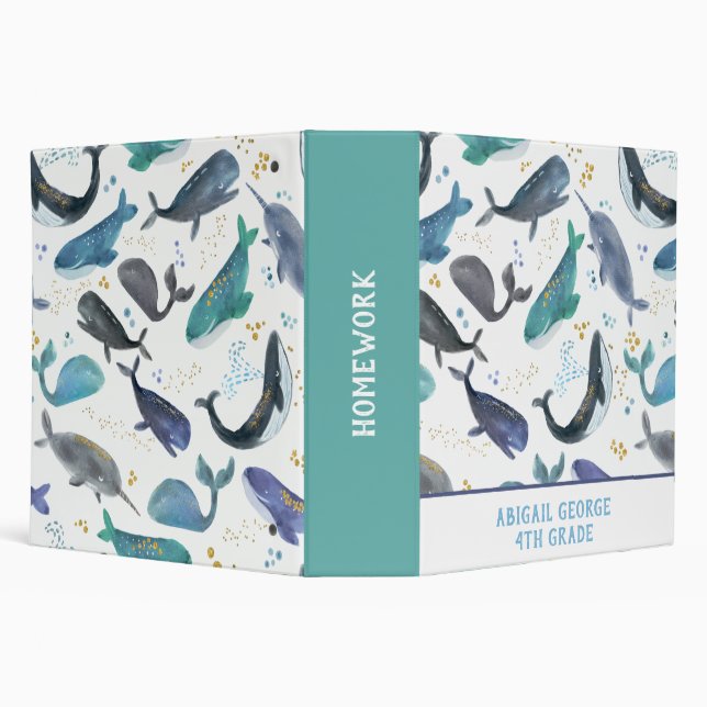 Classeur Aquarelle Baleines Océan Poisson Or Bleu (Arrière-plan)