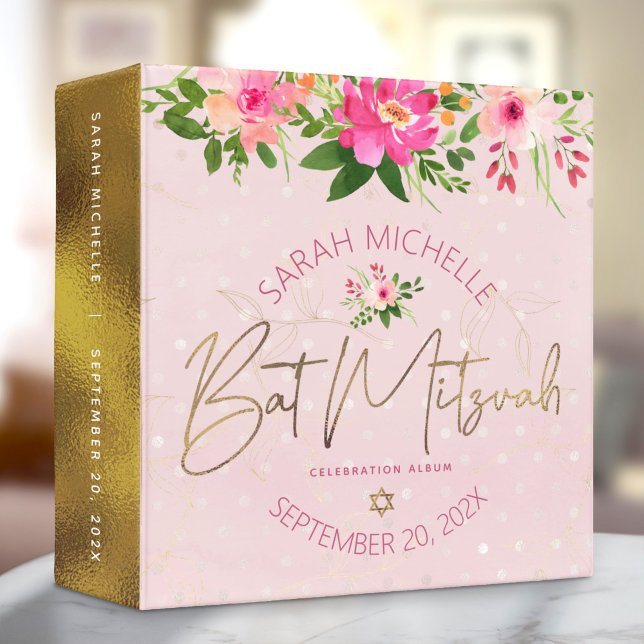 Classeur Aquarelle bat mitzvah Floral Gold Script rose (Créateur téléchargé)